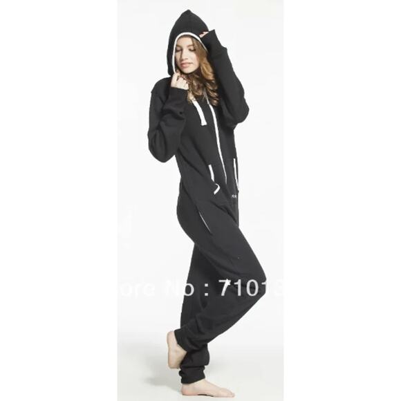 Nordic Way One Piece Jumpsuit Hood Full Zip Pajama Comfy Black Size XXS - Picture 2 of 11
